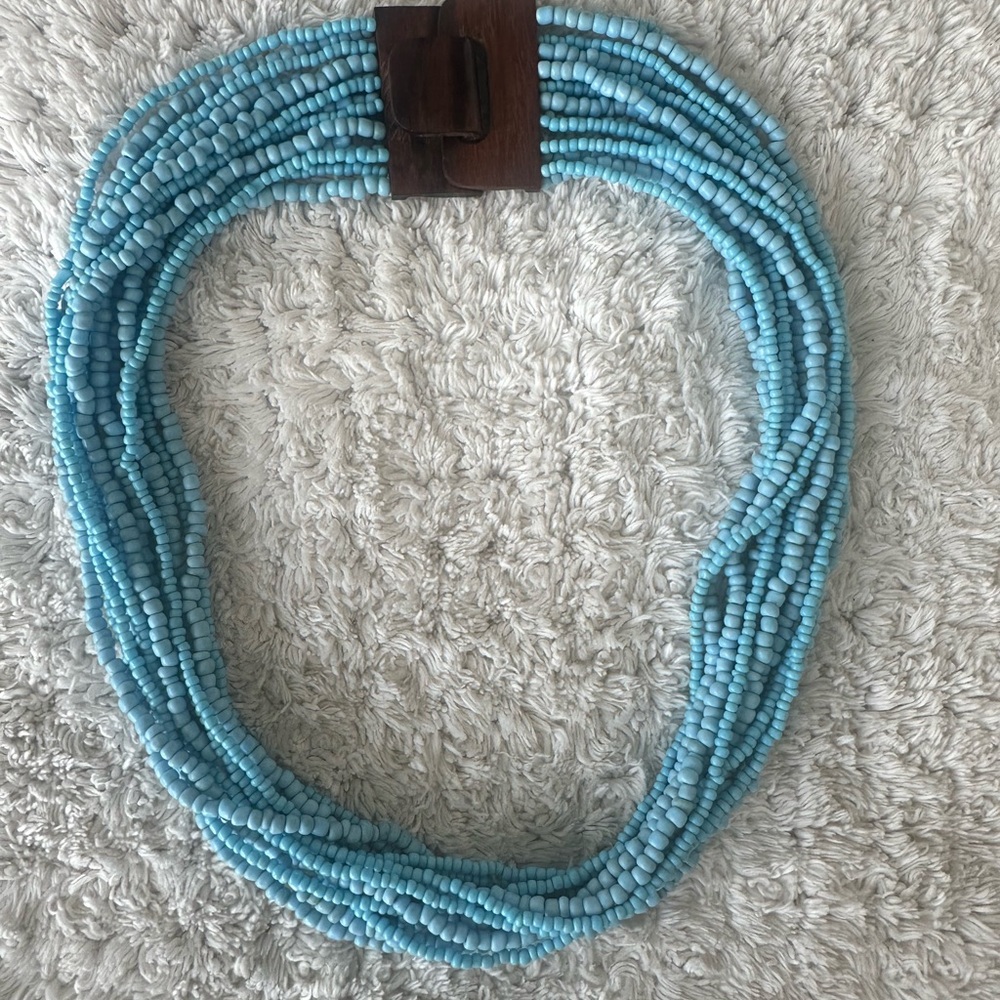 Turquoise Blue Glass Seed Bead Multi- Strand Necklace w/ Wooden Clasp - Picture 2 of 3